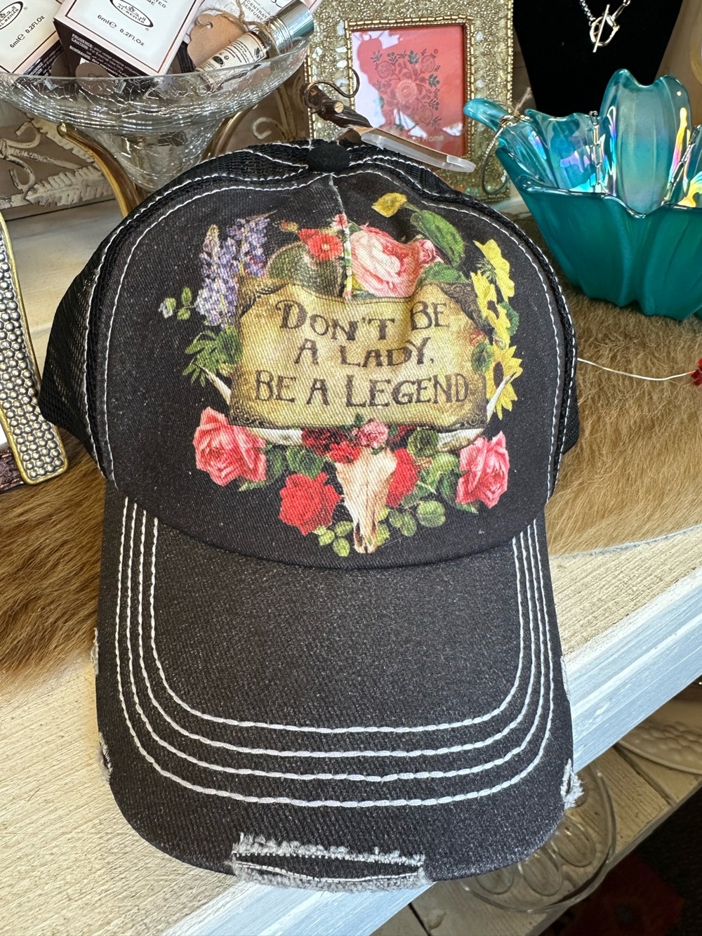 Black Floral Graphic Trucker Hat — Don’t Be a Lady, Be a Legend